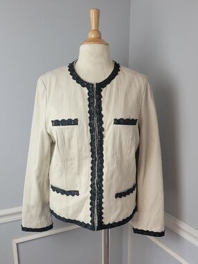 PAMELA DENNIS Cream White Black Crochet Sequin Trim VTG Retro Leather Jacket M